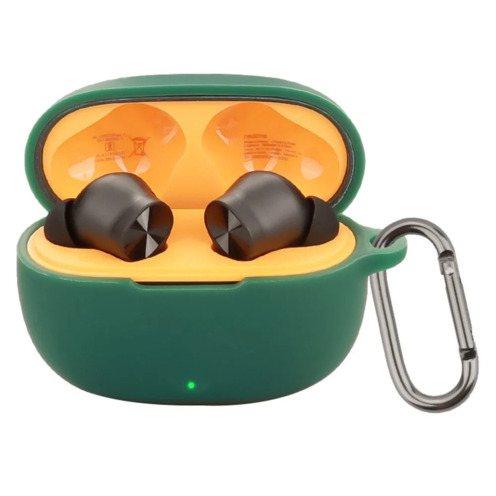 For Realme Buds T200x Protective Case Bluetooth-Compatible Earbuds Silicone Cover with Hook - Blackish Green - 2