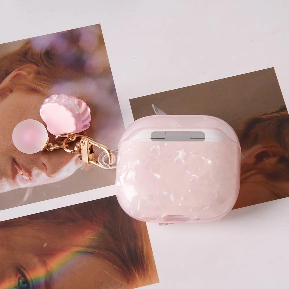 For Apple AirPods 3 Protective Case TPU Earphone Cover with Pearl and Seashell-Shaped Charm - Pink - 3