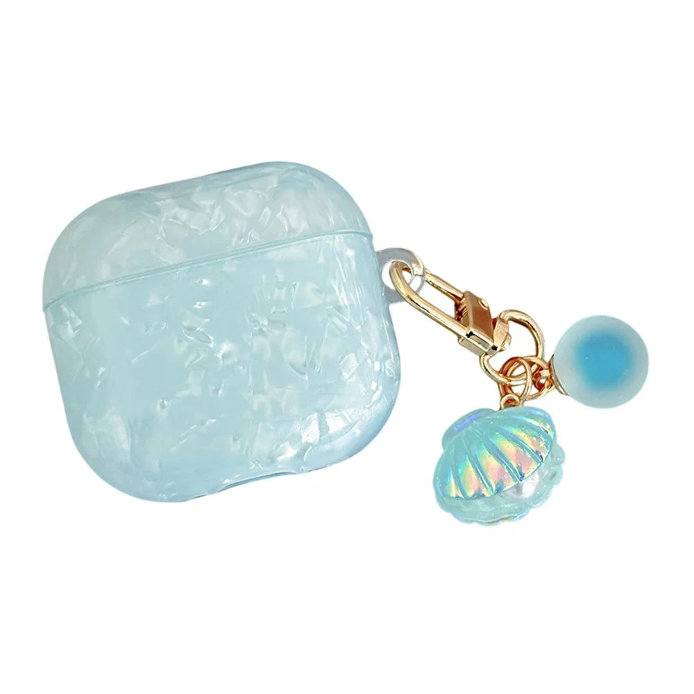 For AirPods 4 Protective Case TPU Earphone Cover with Pearl and Seashell-Shaped Charm - Blue - 1