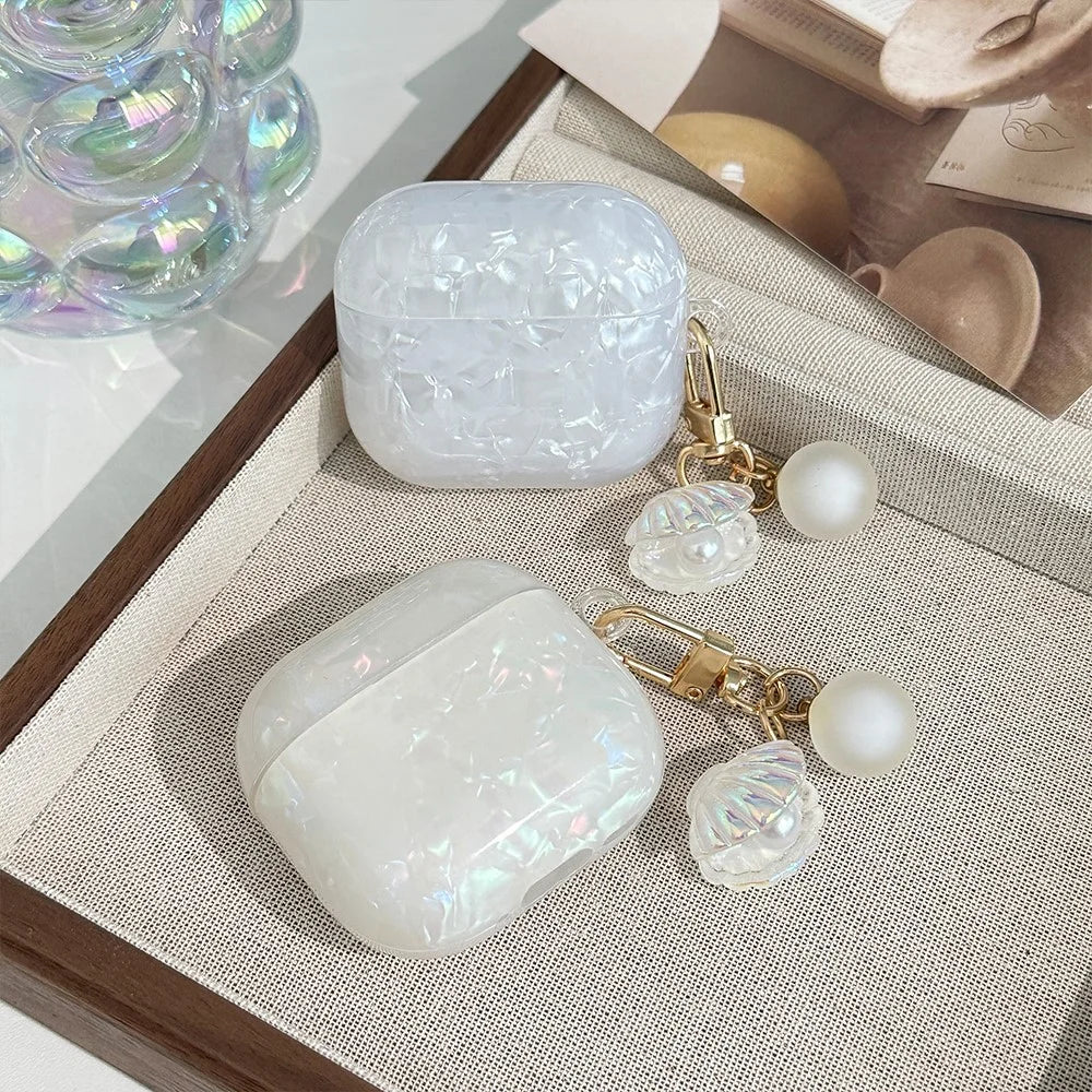 For AirPods 4 Protective Case TPU Earphone Cover with Pearl and Seashell-Shaped Charm - Blue - 4