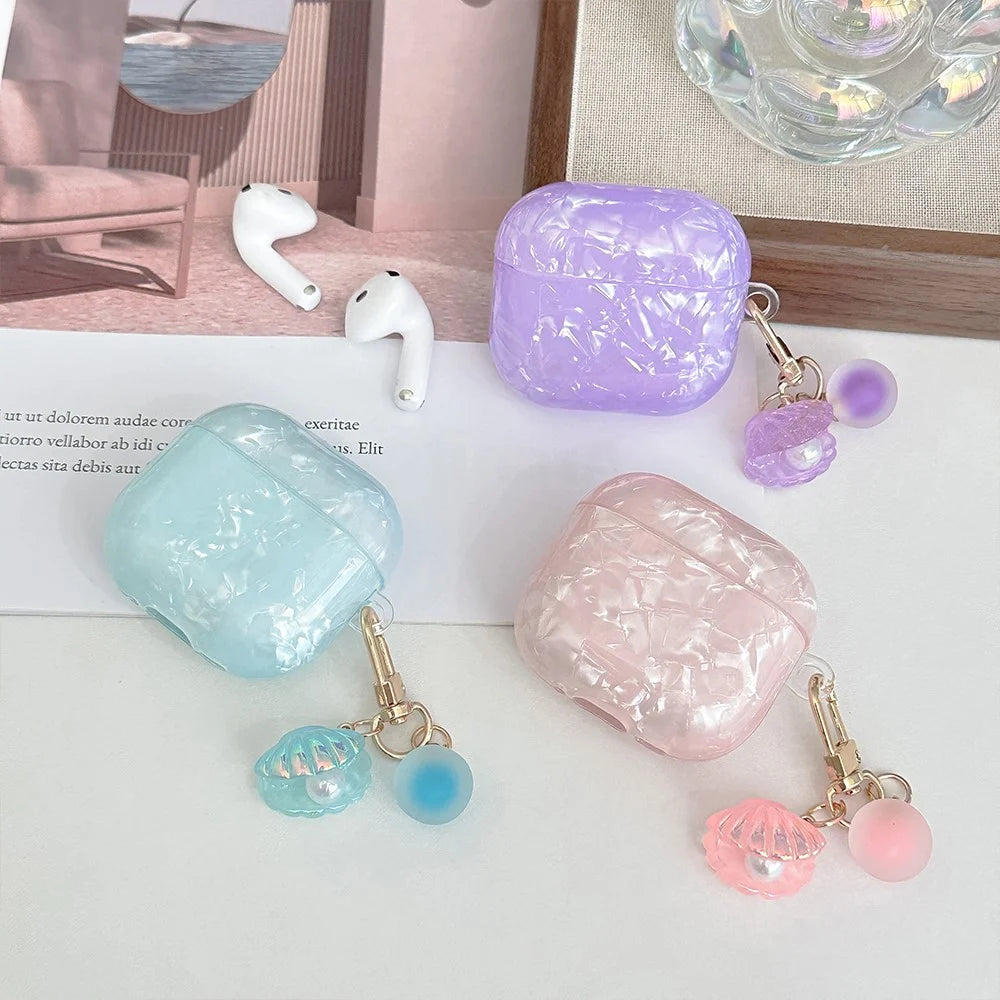 For AirPods 4 Protective Case TPU Earphone Cover with Pearl and Seashell-Shaped Charm - Blue - 5