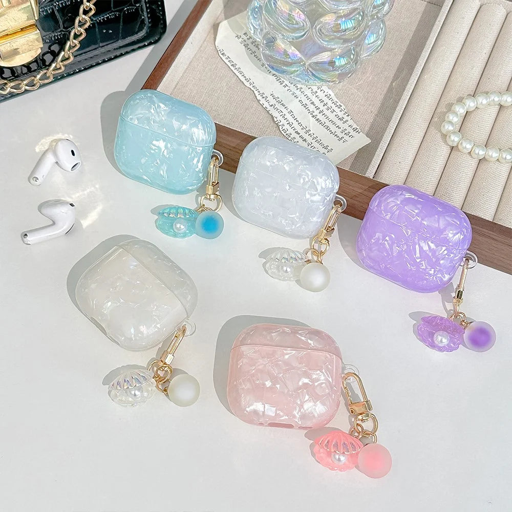 For AirPods 4 Protective Case TPU Earphone Cover with Pearl and Seashell-Shaped Charm - Blue - 6
