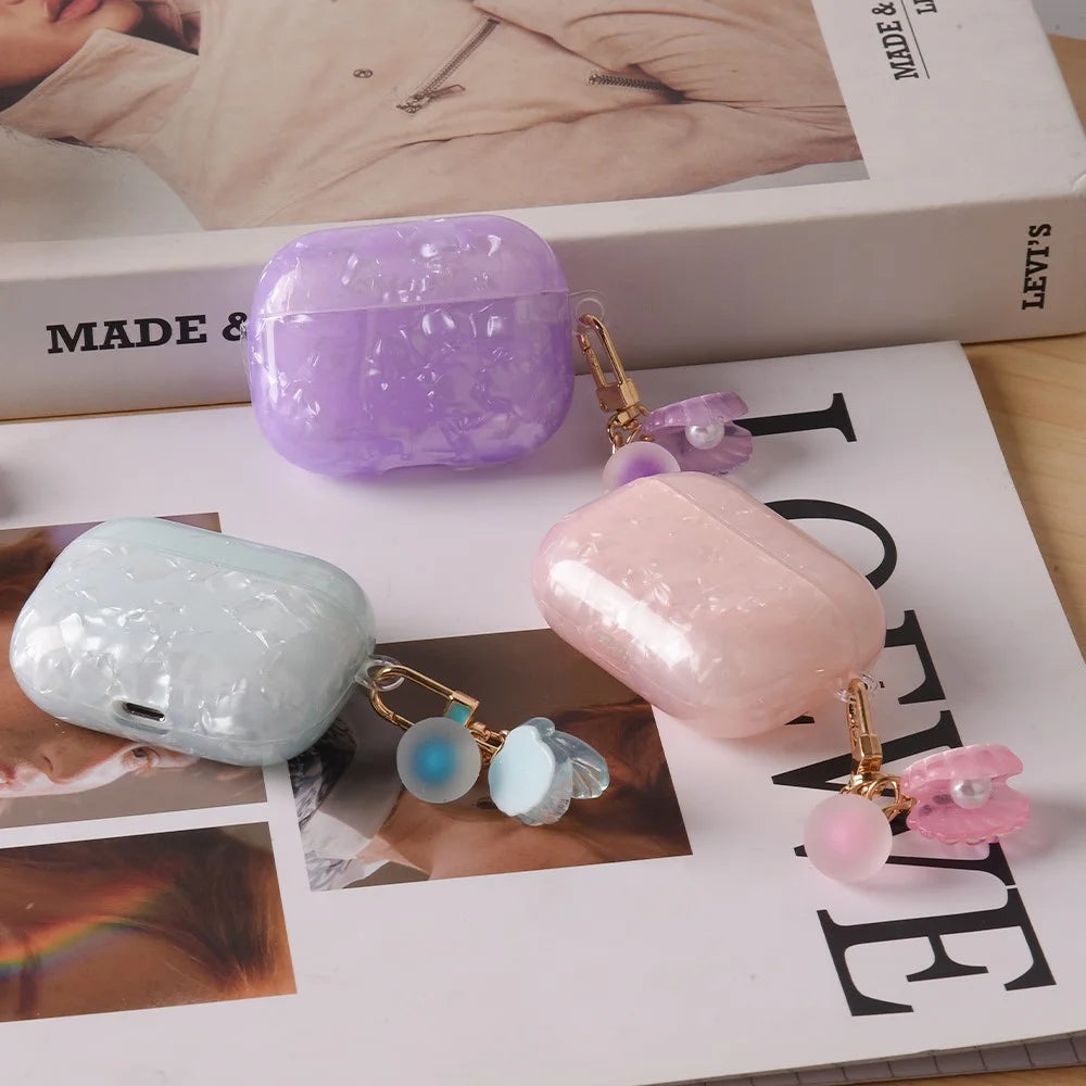 For Apple AirPods Pro Protective Case TPU Earphone Cover with Pearl and Seashell-Shaped Charm - Blue - 6