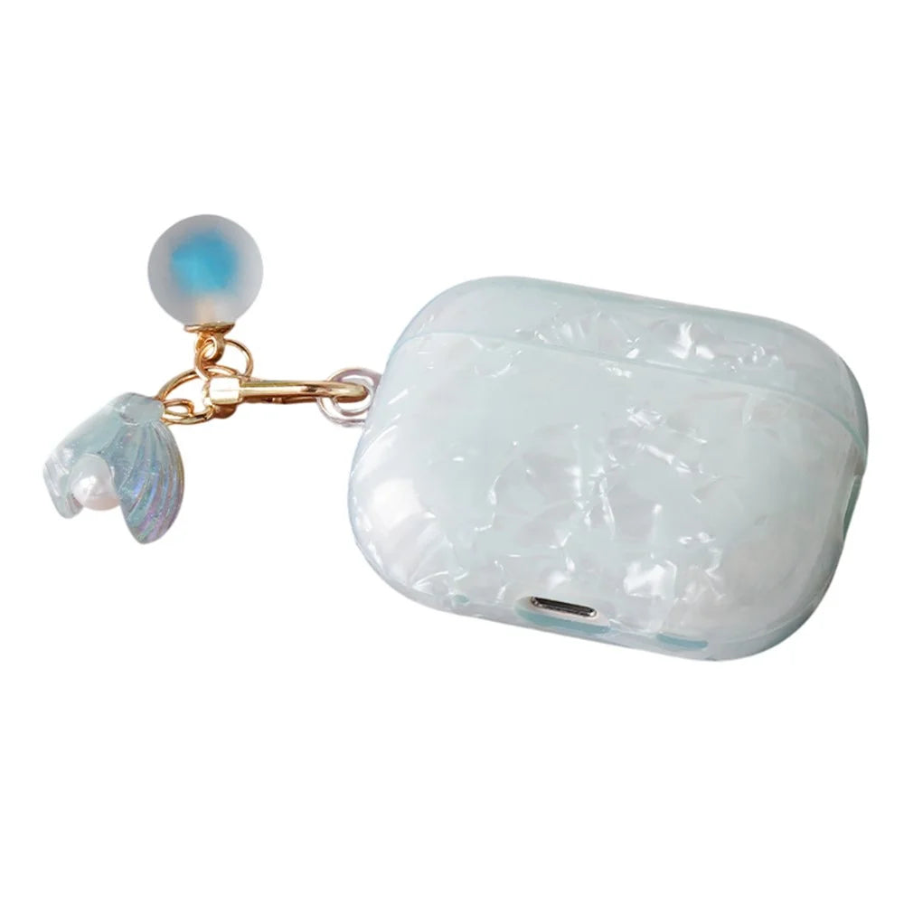 For AirPods Pro 2 Protective Case TPU Earphone Cover with Pearl and Seashell-Shaped Charm - Blue - 1