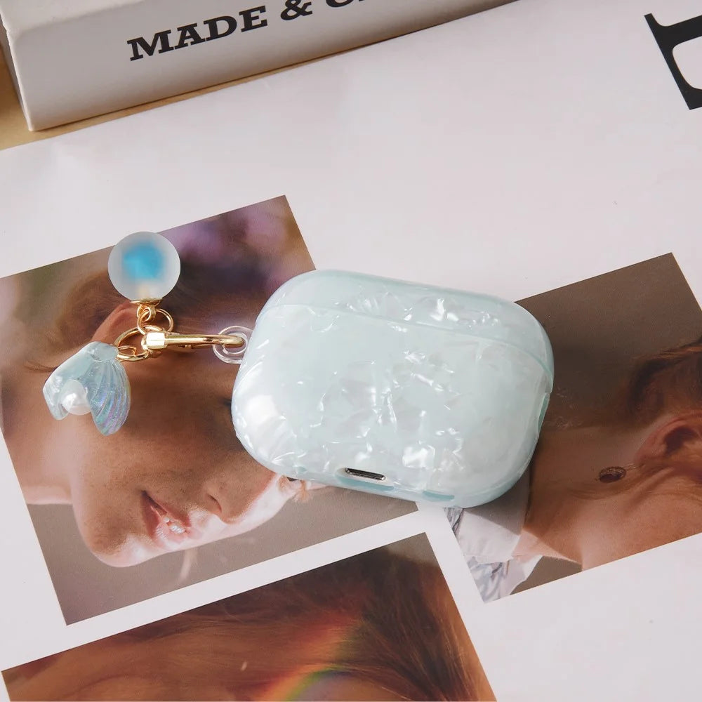 For AirPods Pro 2 Protective Case TPU Earphone Cover with Pearl and Seashell-Shaped Charm - Blue - 2