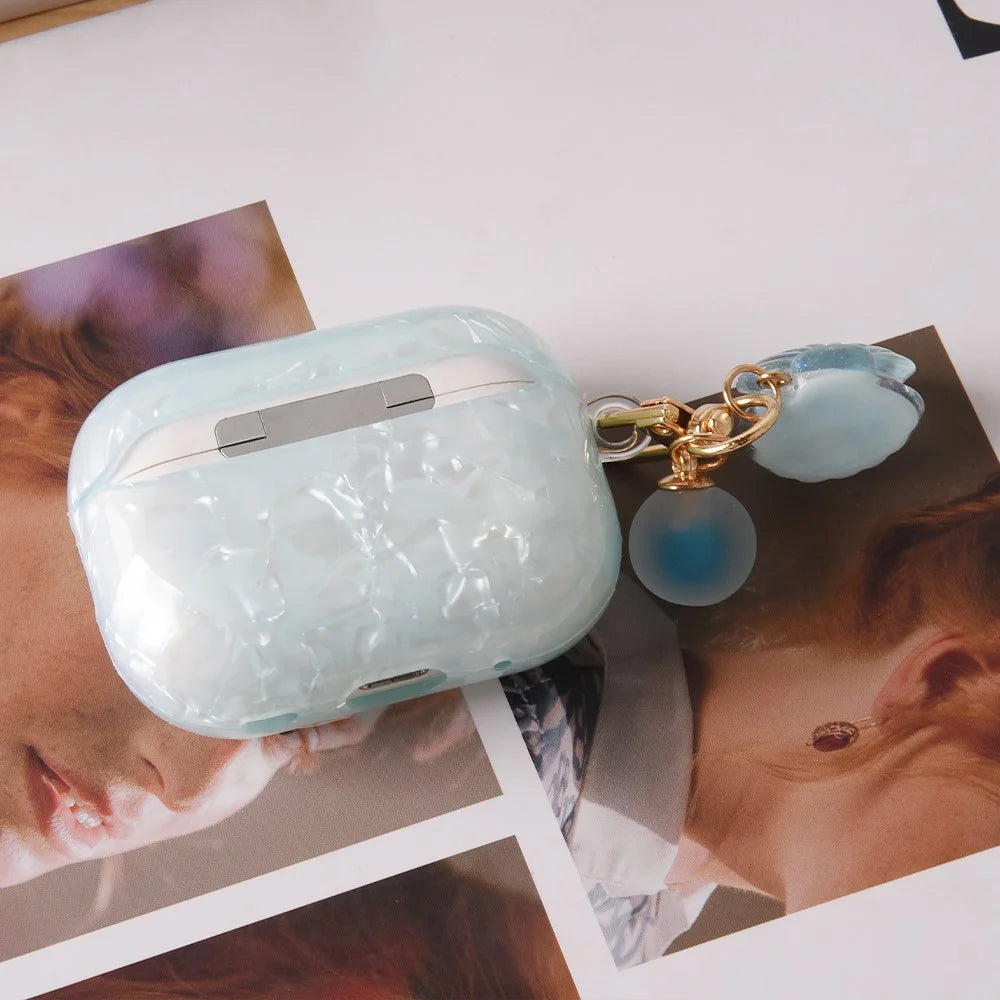 For AirPods Pro 2 Protective Case TPU Earphone Cover with Pearl and Seashell-Shaped Charm - Blue - 3