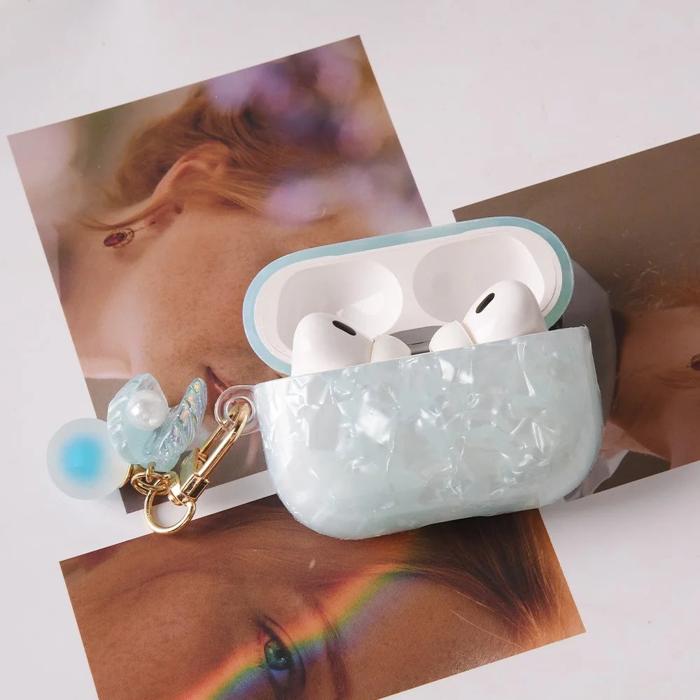 For AirPods Pro 2 Protective Case TPU Earphone Cover with Pearl and Seashell-Shaped Charm - Blue - 4