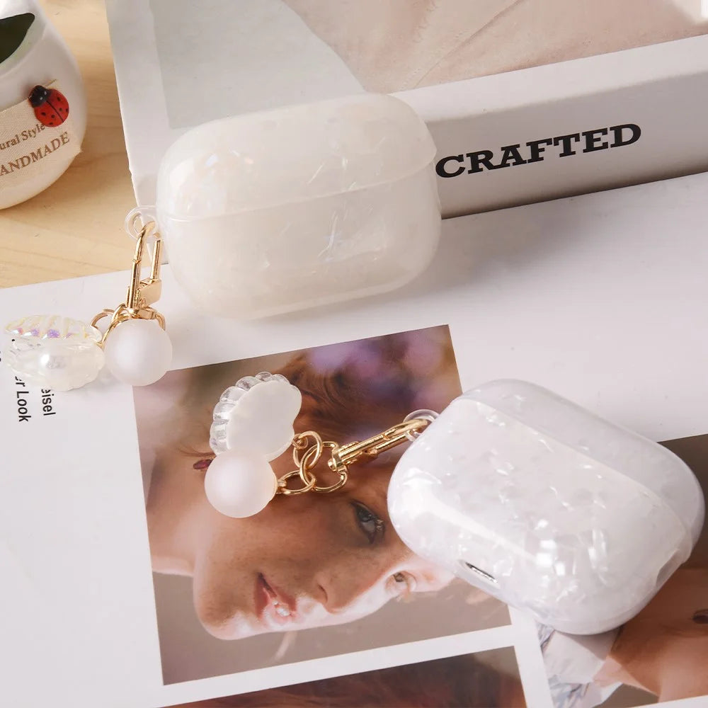 For AirPods Pro 2 Protective Case TPU Earphone Cover with Pearl and Seashell-Shaped Charm - Blue - 7
