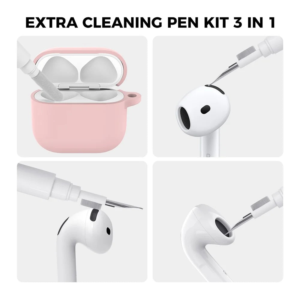 AHASTYLE WG163 For AirPods 4 Silicone Case Earphone Cover with Cleaning Pen Kit and Carabiner - Pink - 4