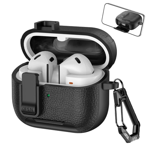 For Samsung Galaxy Buds3 Pro  /  Buds3 Protective Case with Stand Litchi Texture TPU + PC Earphone Cover with Lock and Carabiner - Black - 1