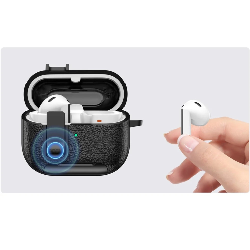 For Samsung Galaxy Buds3 Pro  /  Buds3 Protective Case with Stand Litchi Texture TPU + PC Earphone Cover with Lock and Carabiner - Black - 4