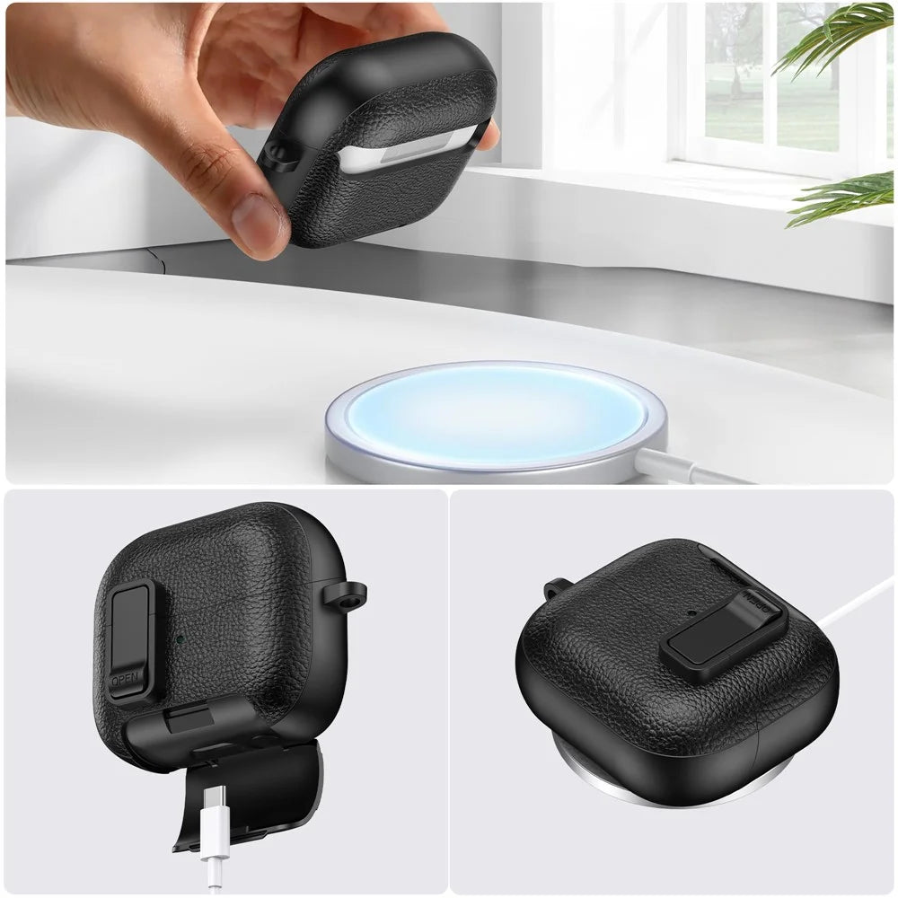 For Samsung Galaxy Buds3 Pro  /  Buds3 Protective Case with Stand Litchi Texture TPU + PC Earphone Cover with Lock and Carabiner - Black - 5
