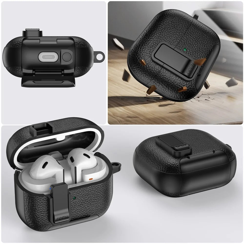 For Samsung Galaxy Buds3 Pro  /  Buds3 Protective Case with Stand Litchi Texture TPU + PC Earphone Cover with Lock and Carabiner - Black - 6