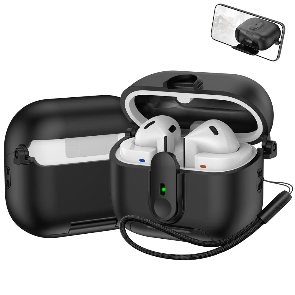 For Samsung Galaxy Buds3 Pro  /  Buds3 Case Switch Lock Earbuds Cover with Stand and Lanyard - Black - 1