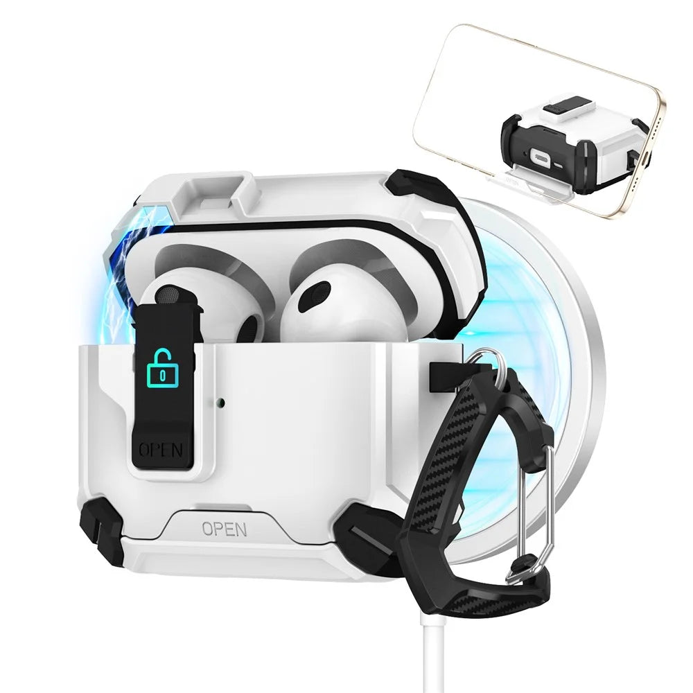 For Apple AirPods 3 Case TPU + PC Compatible with MagSafe Stand Earbuds Cover with Carabiner - Black  /  White - 2