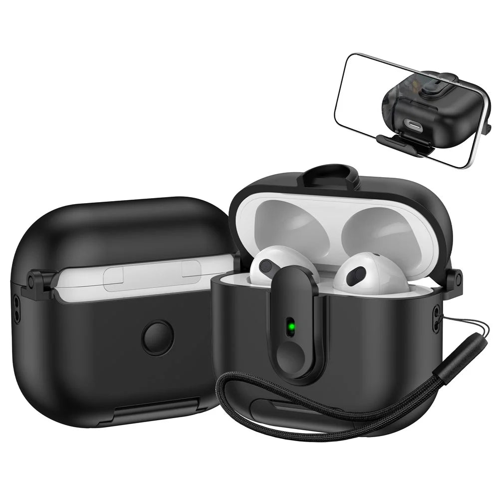 For Apple AirPods 3 Protective Case Switch Lock Earbuds Cover with Stand and Lanyard - Black - 1