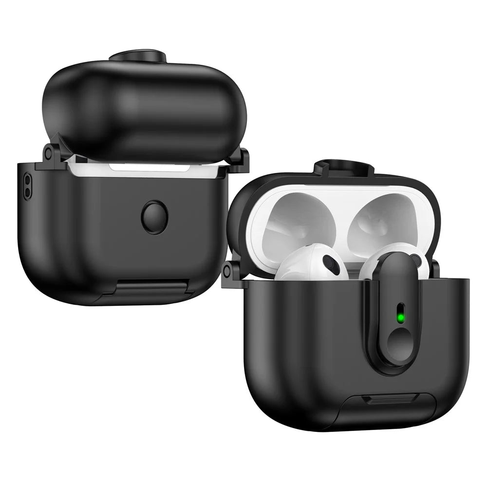 For Apple AirPods 3 Protective Case Switch Lock Earbuds Cover with Stand and Lanyard - Black - 3