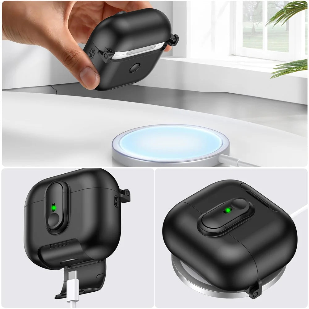 For Apple AirPods 3 Protective Case Switch Lock Earbuds Cover with Stand and Lanyard - Black - 6