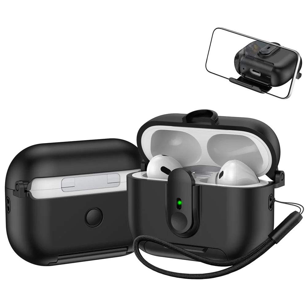 For Apple AirPods Pro 2 Protective Case Switch Lock Earbuds Cover with Stand and Lanyard - Black - 1