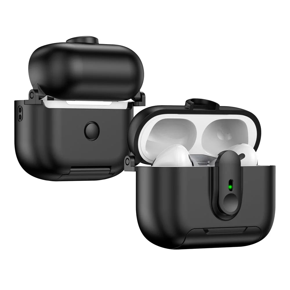 For Apple AirPods Pro 2 Protective Case Switch Lock Earbuds Cover with Stand and Lanyard - Black - 3