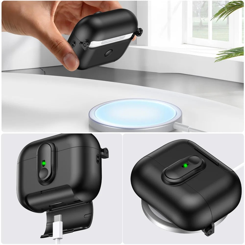For Apple AirPods Pro 2 Protective Case Switch Lock Earbuds Cover with Stand and Lanyard - Black - 6