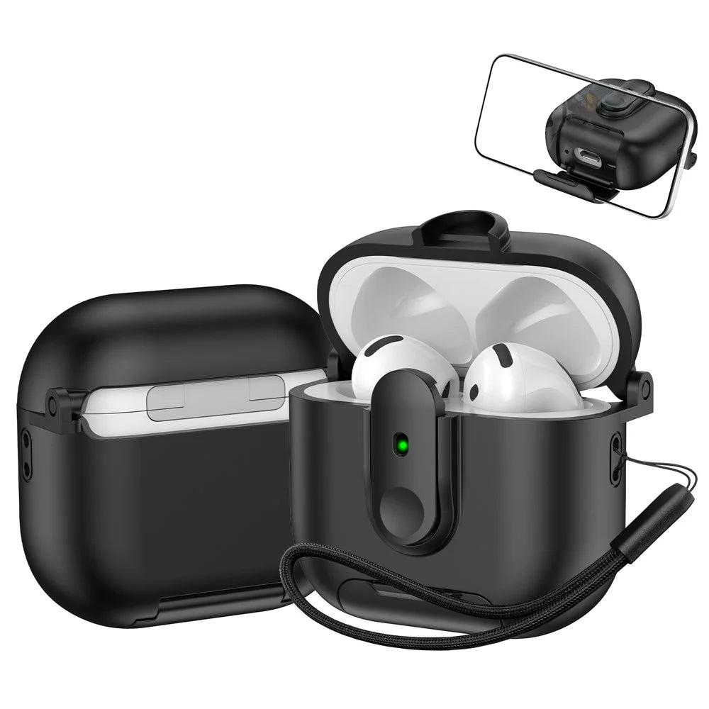 For Apple AirPods 4 Protective Case Switch Lock Earbuds Cover with Stand and Lanyard - Black - 1