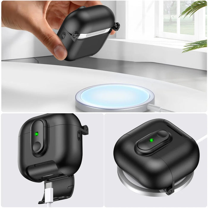For Apple AirPods 4 Protective Case Switch Lock Earbuds Cover with Stand and Lanyard - Black - 6