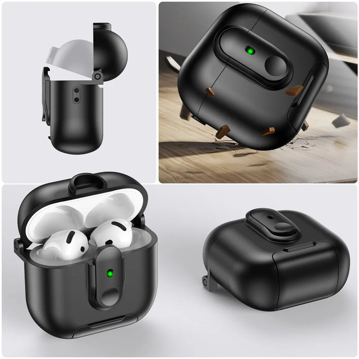 For Apple AirPods 4 Protective Case Switch Lock Earbuds Cover with Stand and Lanyard - Black - 7