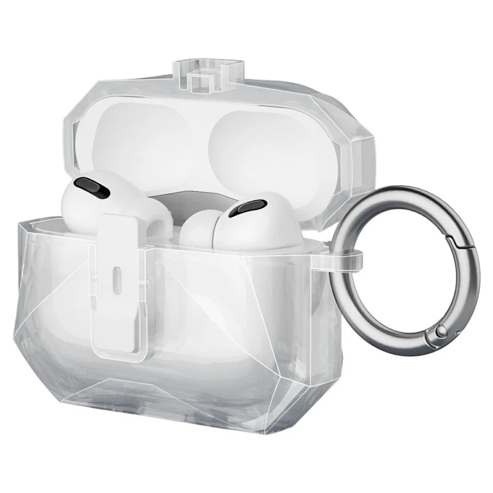 For AirPods Pro 2 Case Auto Pop-Up Lock Design TPU Protective Cover with Carabiner - Transparent - 1