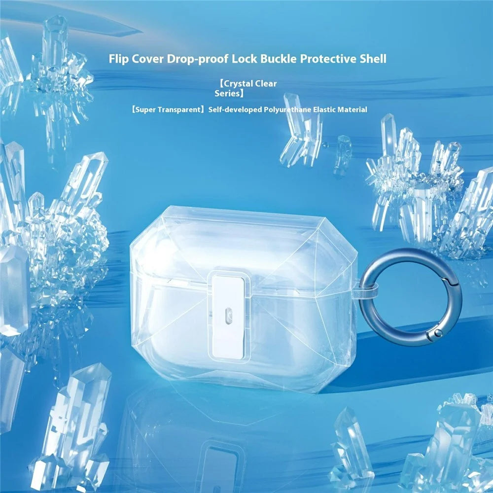 For AirPods Pro 2 Case Auto Pop-Up Lock Design TPU Protective Cover with Carabiner - Transparent - 2