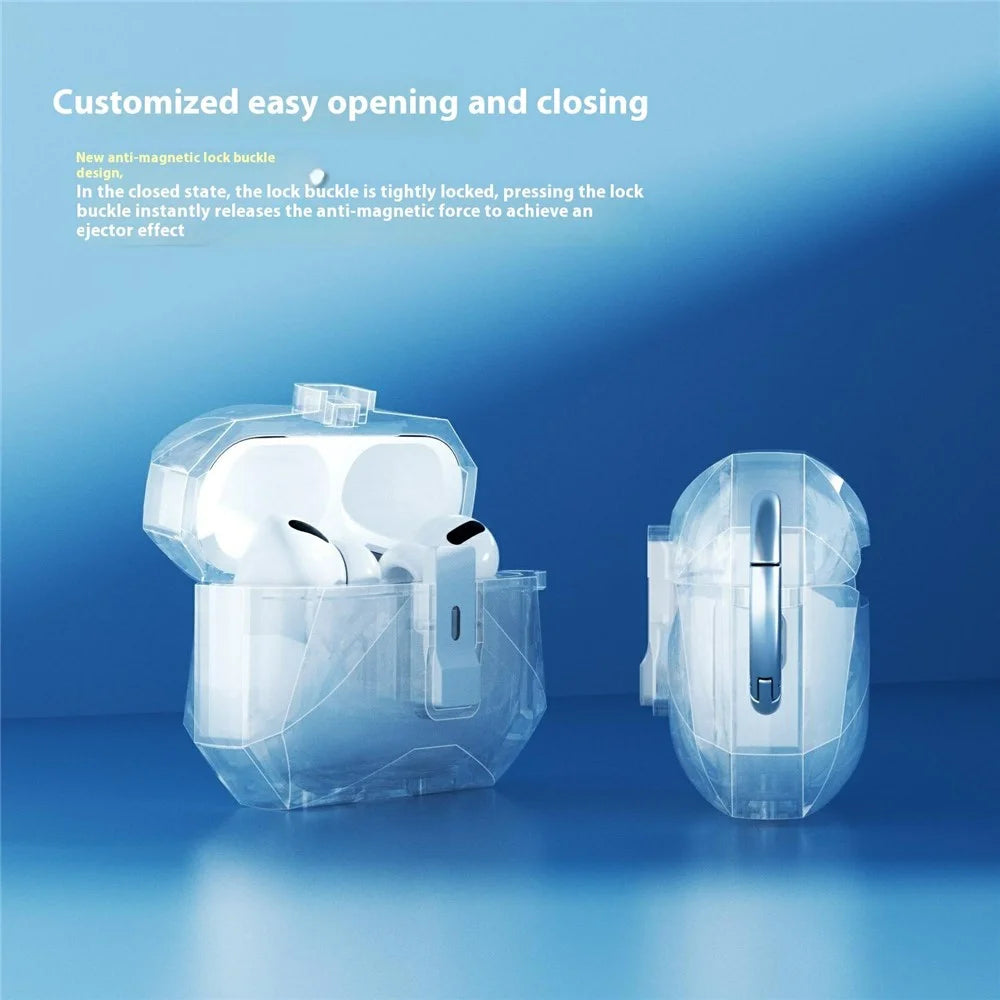 For AirPods Pro 2 Case Auto Pop-Up Lock Design TPU Protective Cover with Carabiner - Transparent - 3