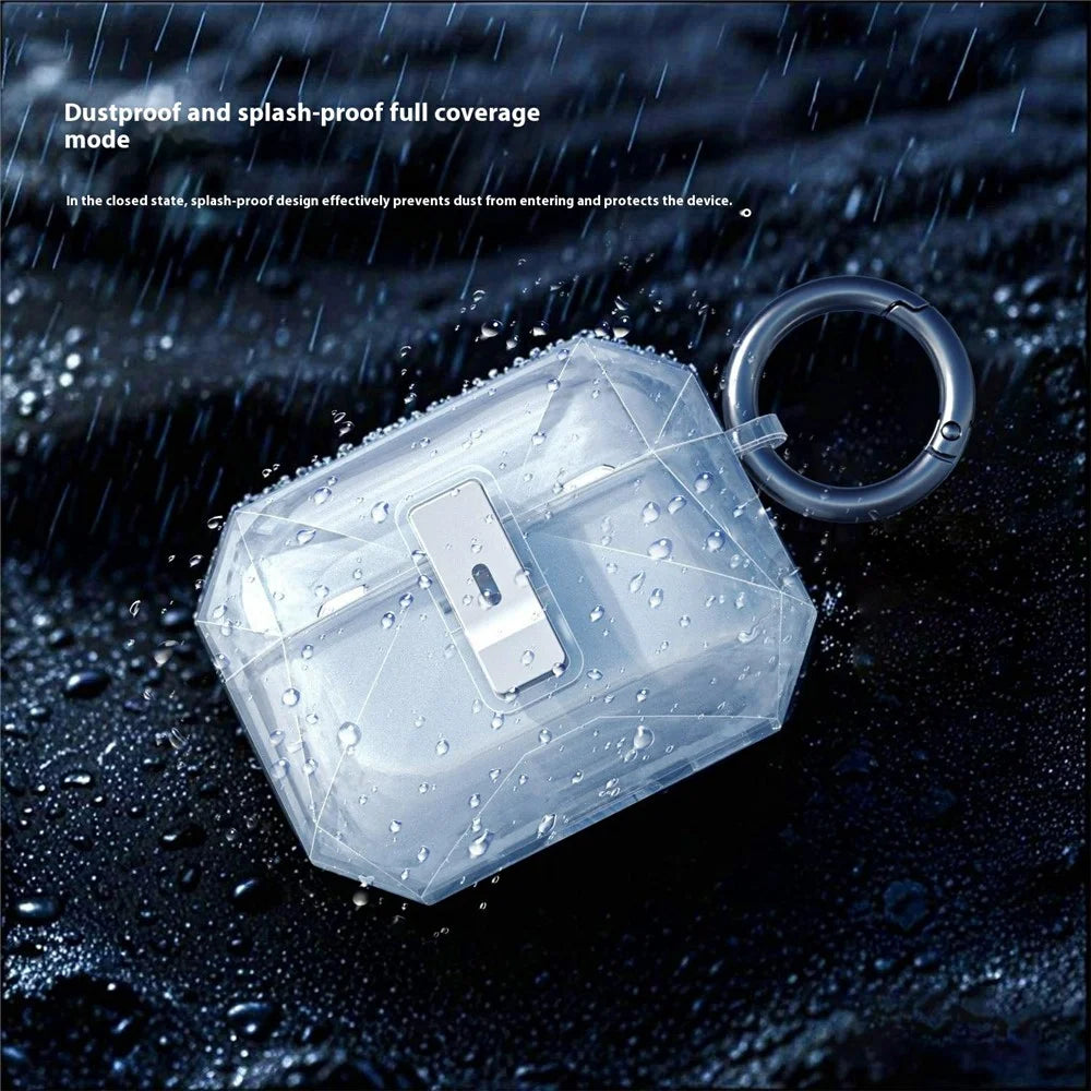 For AirPods Pro 2 Case Auto Pop-Up Lock Design TPU Protective Cover with Carabiner - Transparent - 7