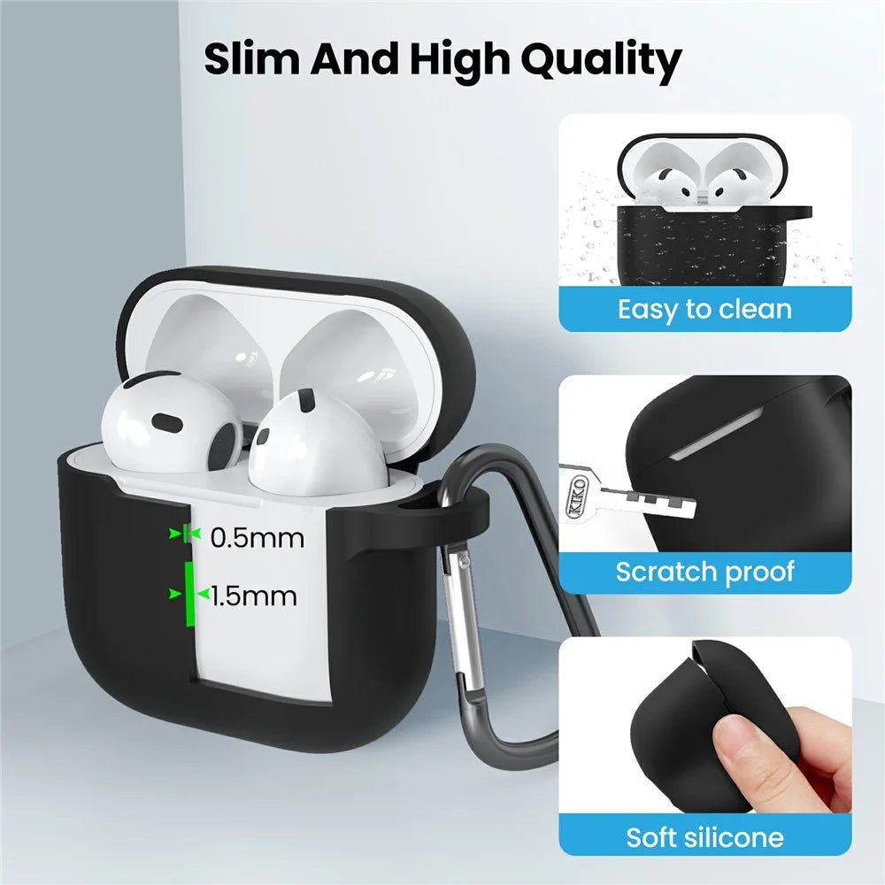 AHASTYLE WE36 For AirPods 4 Case Silicone Earbuds Protective Cover with Carabiner - Black - 5