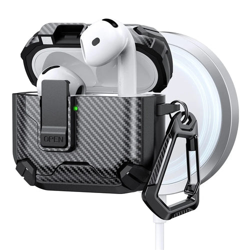 For AirPods 4 Case Canbon Fiber Texture Compatible with MagSafe TPU PC Earbuds Cover with Carabiner - Black - 1