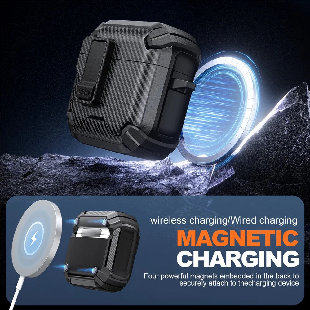 For AirPods 4 Case Canbon Fiber Texture Compatible with MagSafe TPU PC Earbuds Cover with Carabiner - Black - 5