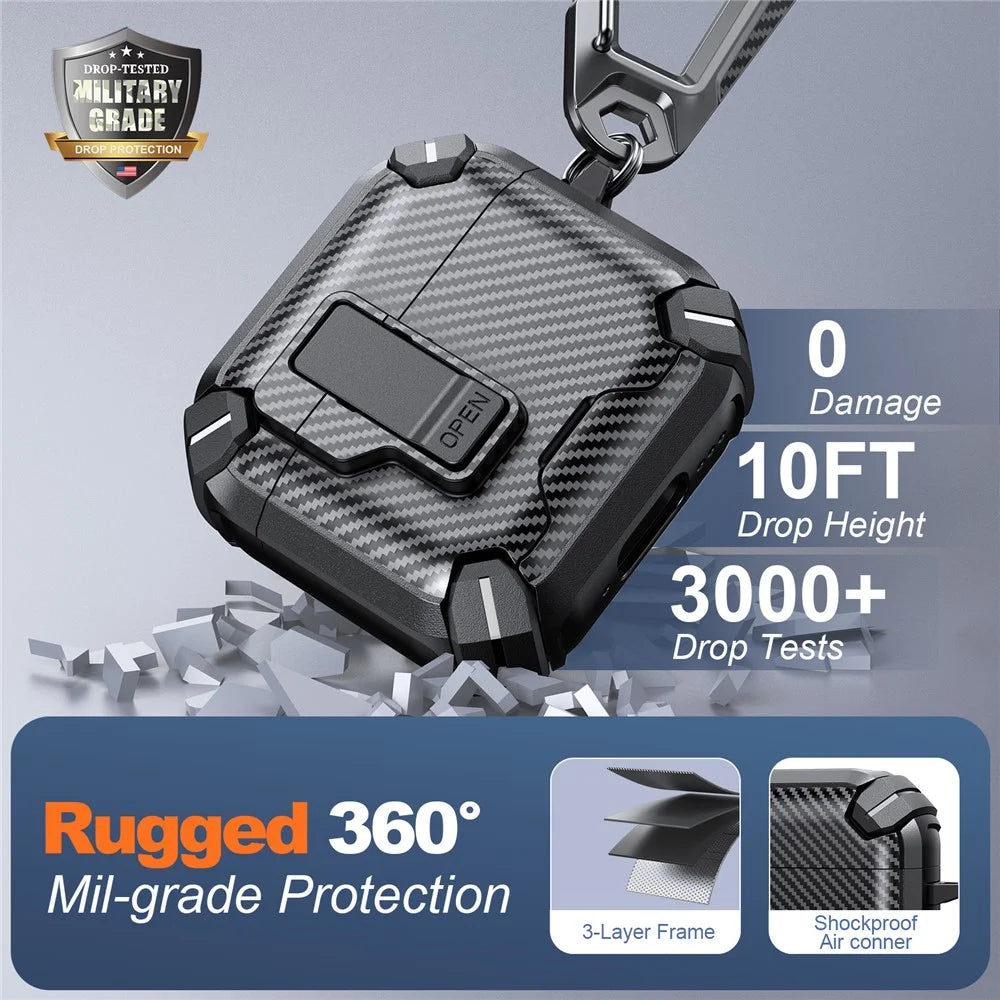 For AirPods 4 Case Canbon Fiber Texture Compatible with MagSafe TPU PC Earbuds Cover with Carabiner - Black - 7