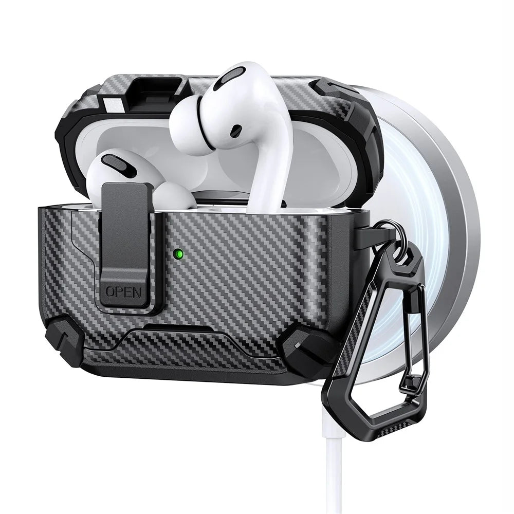 For Apple AirPods Pro Case Canbon Fiber Texture Compatible with MagSafe TPU PC Earbuds Cover with Carabiner - Black - 1