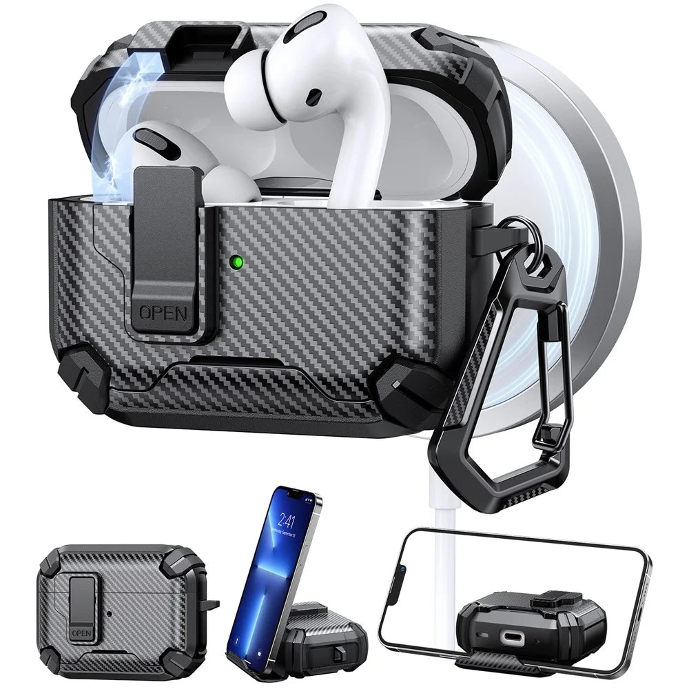 For Apple AirPods Pro Case Canbon Fiber Texture Compatible with MagSafe TPU PC Earbuds Cover with Carabiner - Black - 2