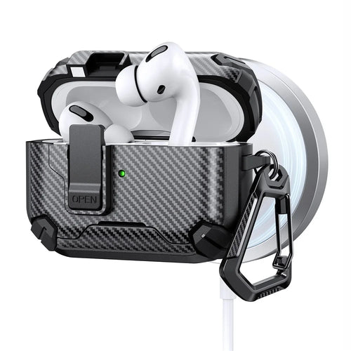 For AirPods Pro 2 Case Canbon Fiber Texture Compatible with MagSafe TPU PC Earbuds Cover with Carabiner - Black - 1