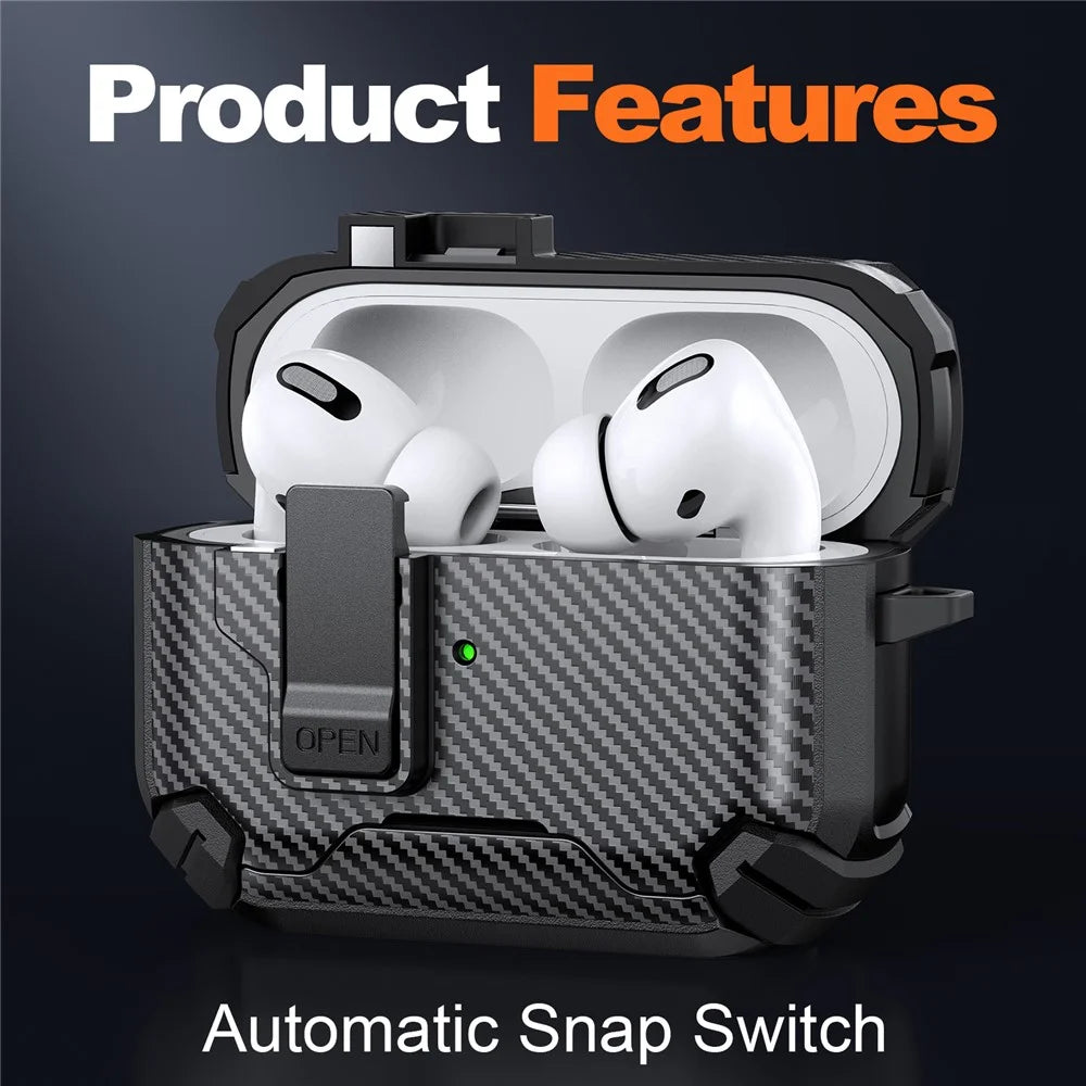 For AirPods Pro 2 Case Canbon Fiber Texture Compatible with MagSafe TPU PC Earbuds Cover with Carabiner - Black - 6