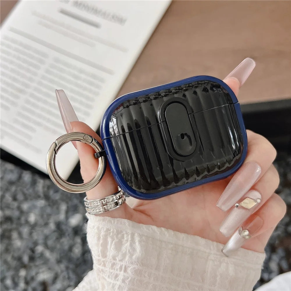 For Apple AirPods Pro Shell Texture Lock Buckle Protective Case PC TPU Earphone Cover - Blue + Bright Black - 2