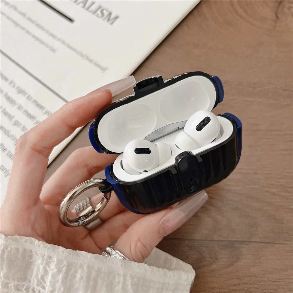 For Apple AirPods Pro Shell Texture Lock Buckle Protective Case PC TPU Earphone Cover - Blue + Bright Black - 5