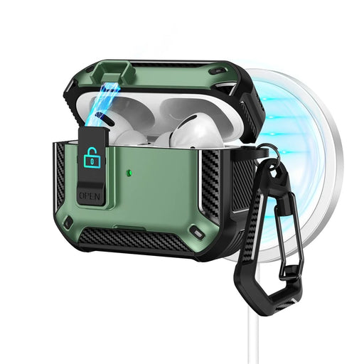 For Apple AirPods Pro Case Compatible with MagSafe TPU PC Earbuds Cover with Carabiner  /  Stand - Black  /  Green - 1