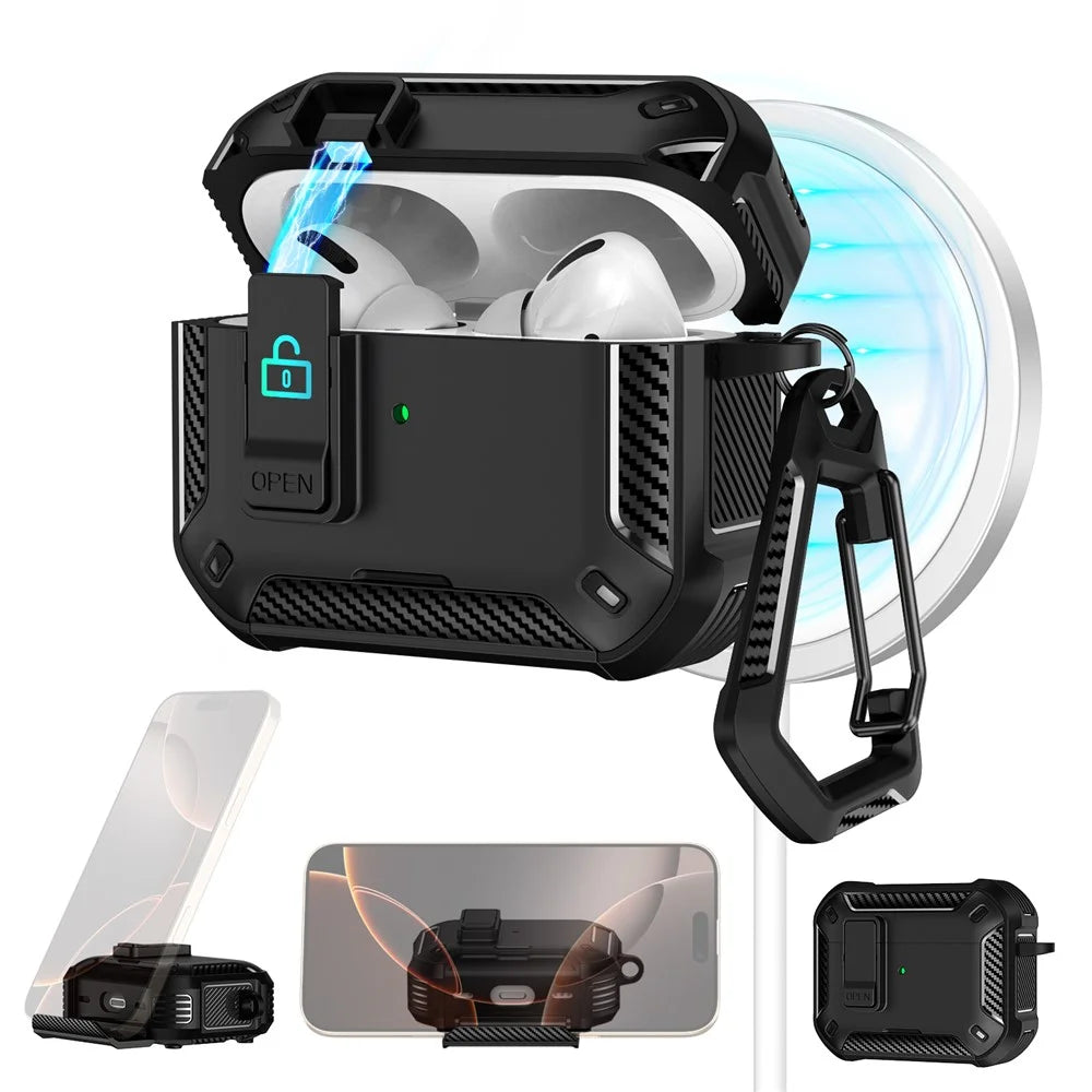 For AirPods Pro 2 Case Compatible with MagSafe TPU PC Earbuds Cover with Carabiner  /  Stand - Black - 2