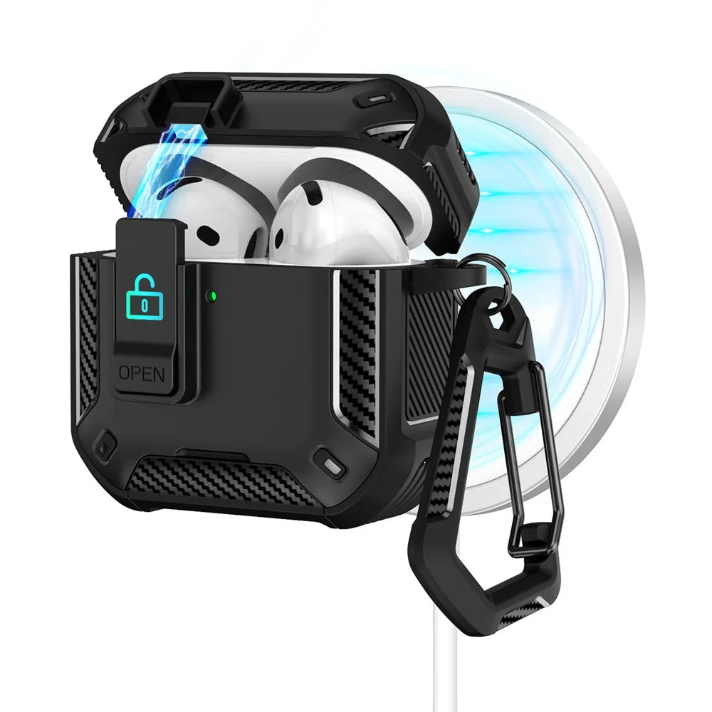 For AirPods 4 Case Compatible with MagSafe TPU PC Earbuds Cover with Carabiner  /  Stand - Black - 1