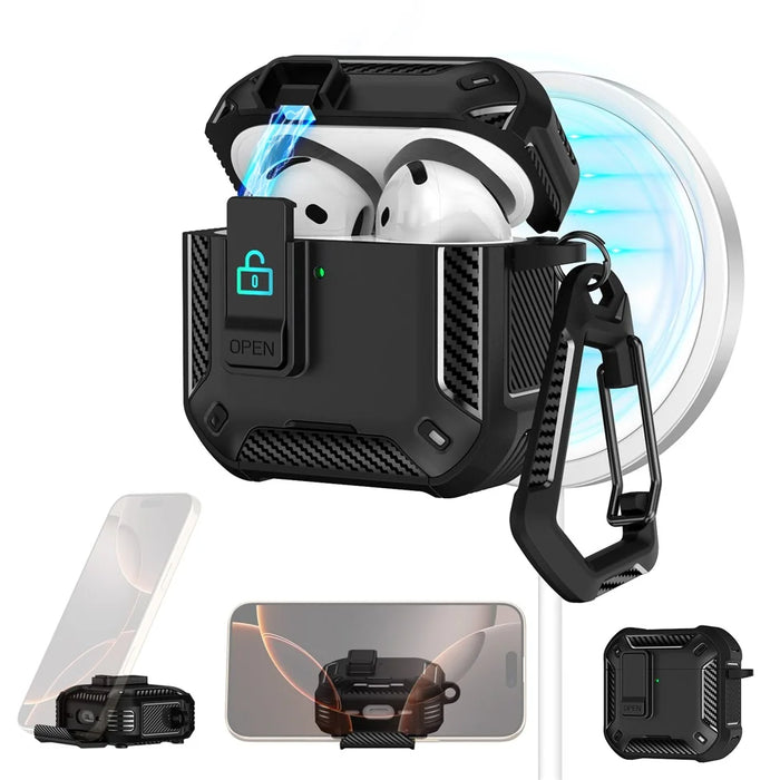 For AirPods 4 Case Compatible with MagSafe TPU PC Earbuds Cover with Carabiner  /  Stand - Black - 2