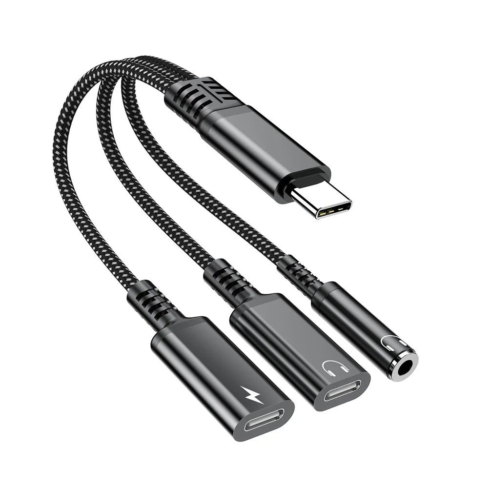 60W Type-C to 3.5mm + Type-C Headphone + Type-C PD Fast Charging Adapter 3 in 1 Audio Converter - Black - 1