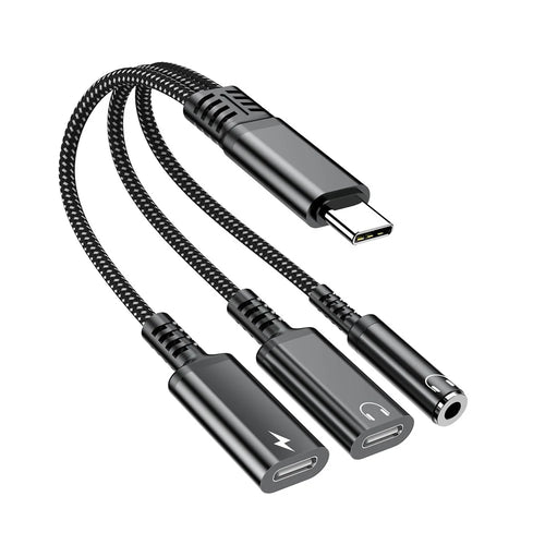 60W Type-C to 3.5mm + Type-C Headphone + Type-C PD Fast Charging Adapter 3 in 1 Audio Converter - Black - 1