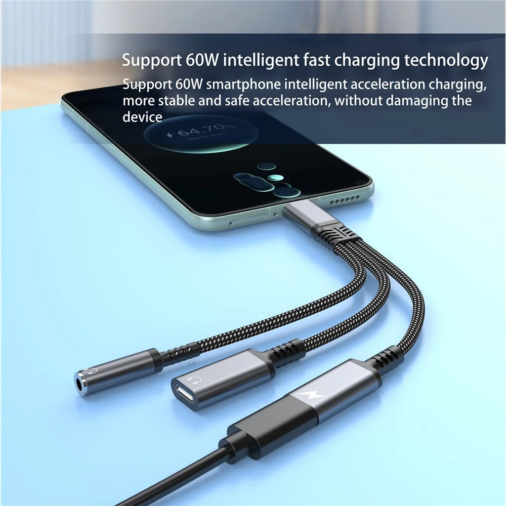60W Type-C to 3.5mm + Type-C Headphone + Type-C PD Fast Charging Adapter 3 in 1 Audio Converter - Black - 3