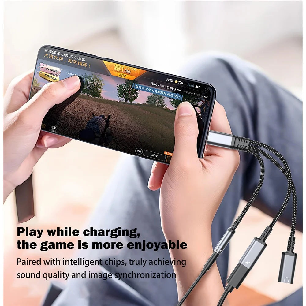 60W Type-C to 3.5mm + Type-C Headphone + Type-C PD Fast Charging Adapter 3 in 1 Audio Converter - Black - 4